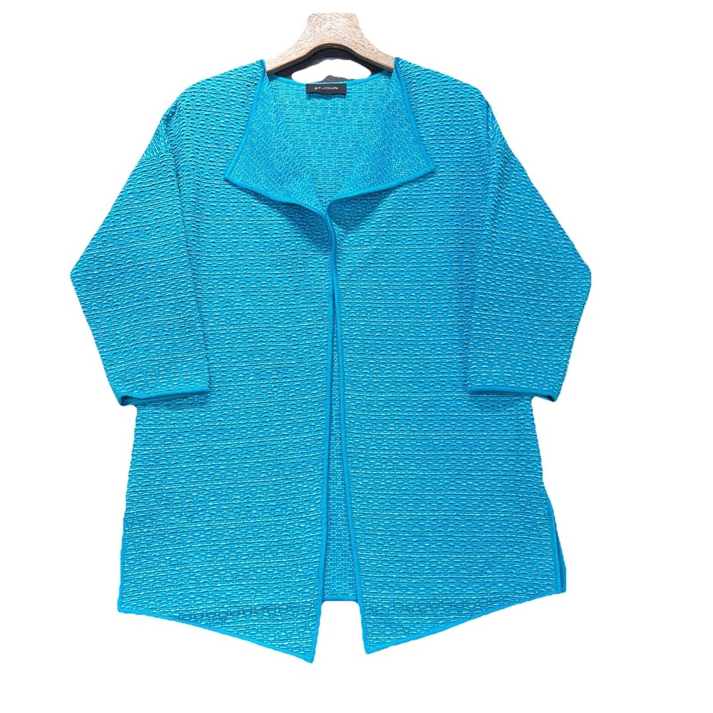 St. John Open Front Cardigan Sweater Jacket Womens Large Textured Knit Blue